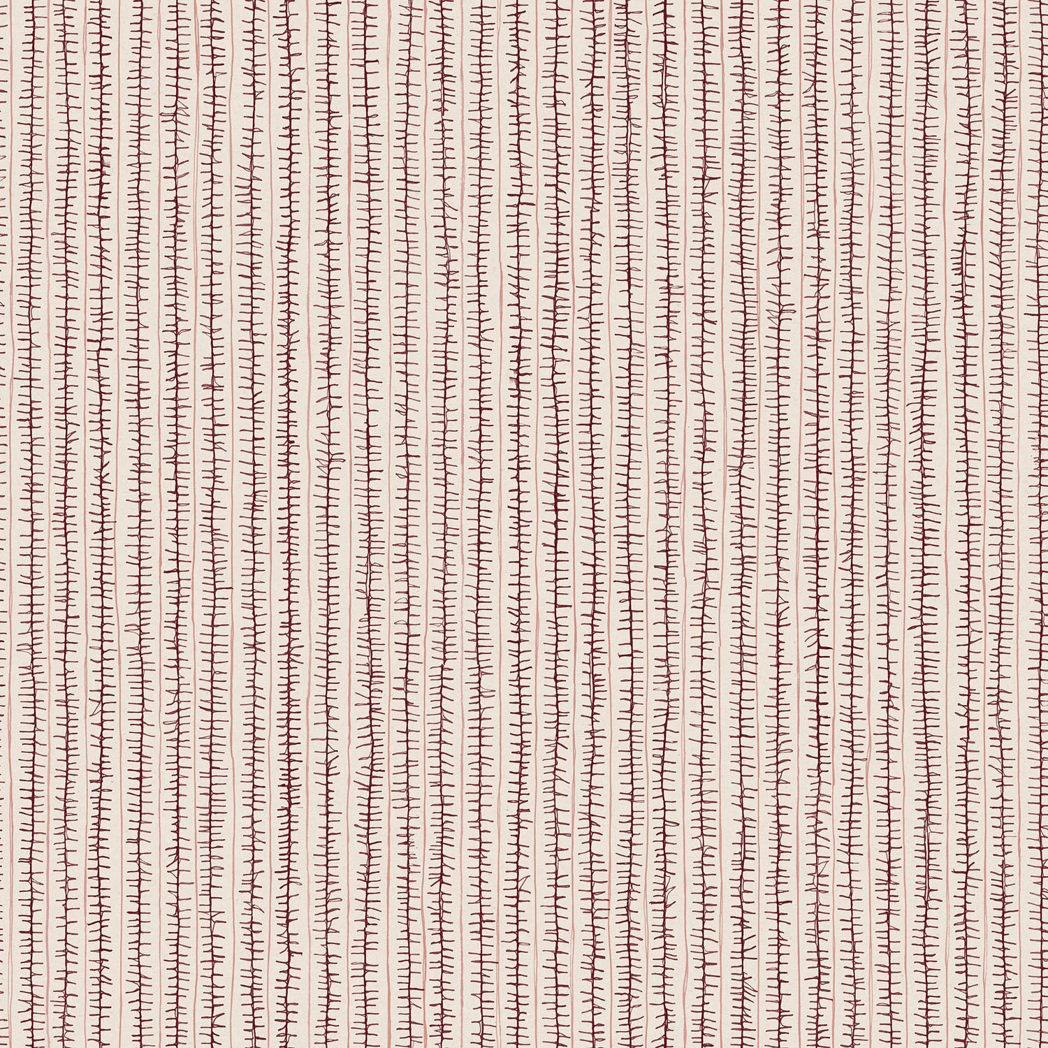 Fabric with hand drawn ticking stripe in wine purple and pink on white.