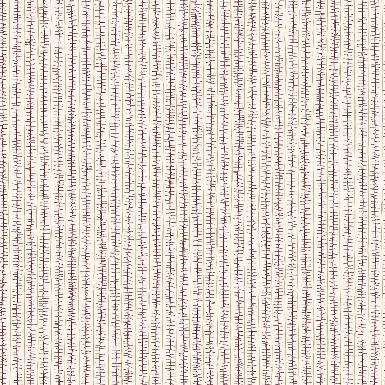 Wallpaper with hand drawn ticking stripe in dark purple and tan on white. 