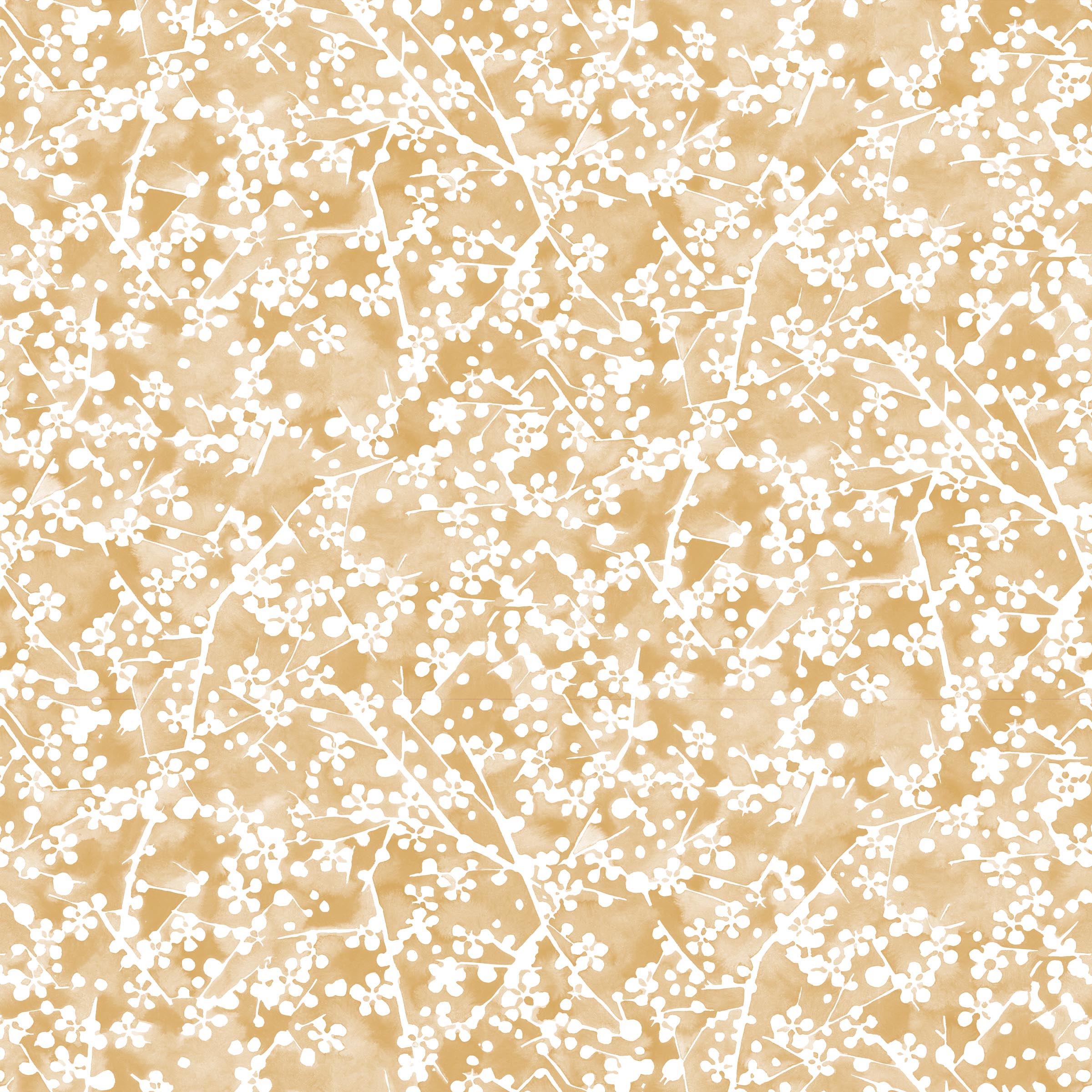Painterly branch print in white on a warm yellow watercolor field.