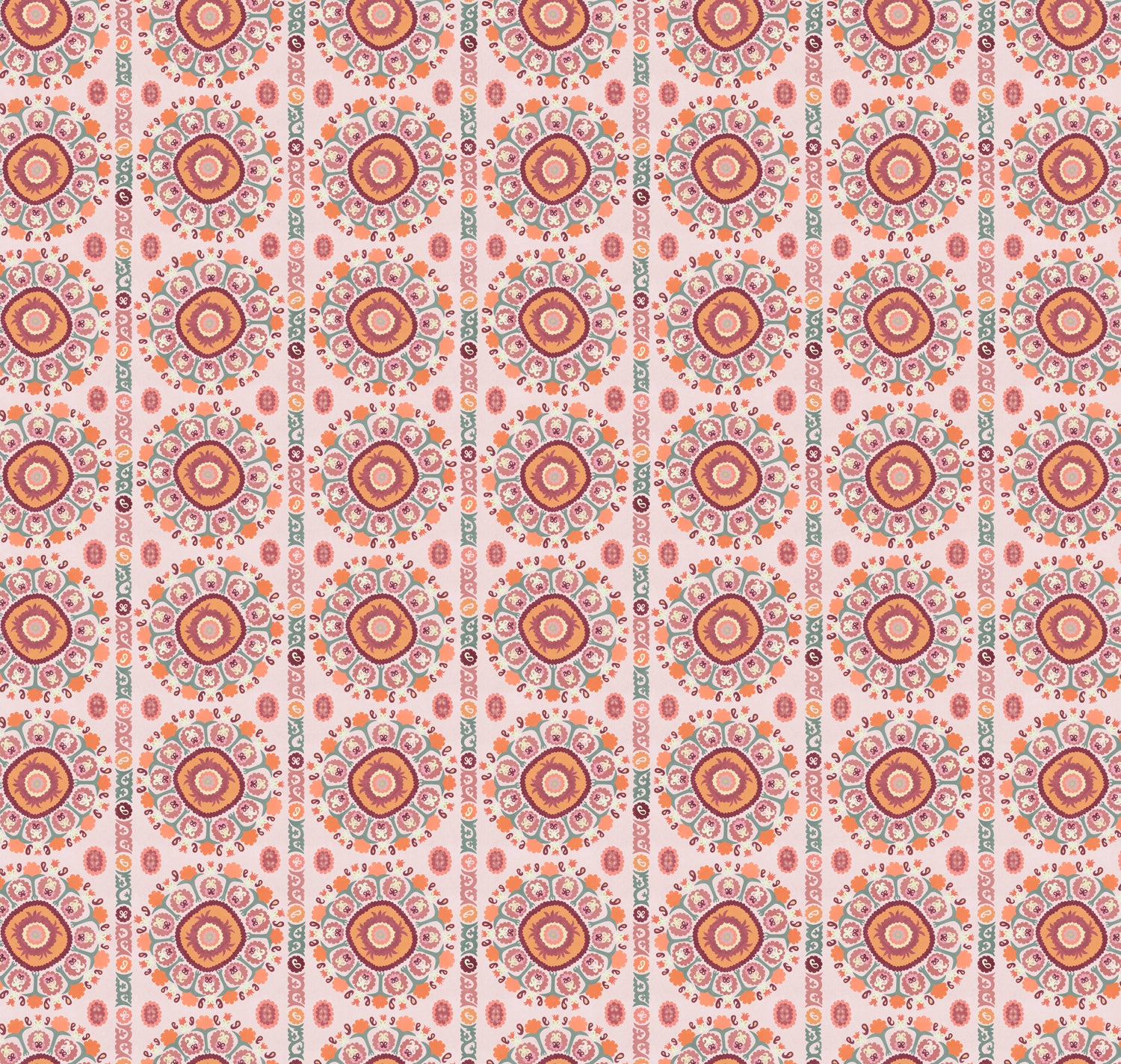 Full repeat image of a hand-drawn Suzani motif in shades of pink, orange and slate blue on a pale pink ground.