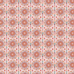 Full repeat image of a hand-drawn Suzani motif in shades of pink, orange and slate blue on a pale pink ground.