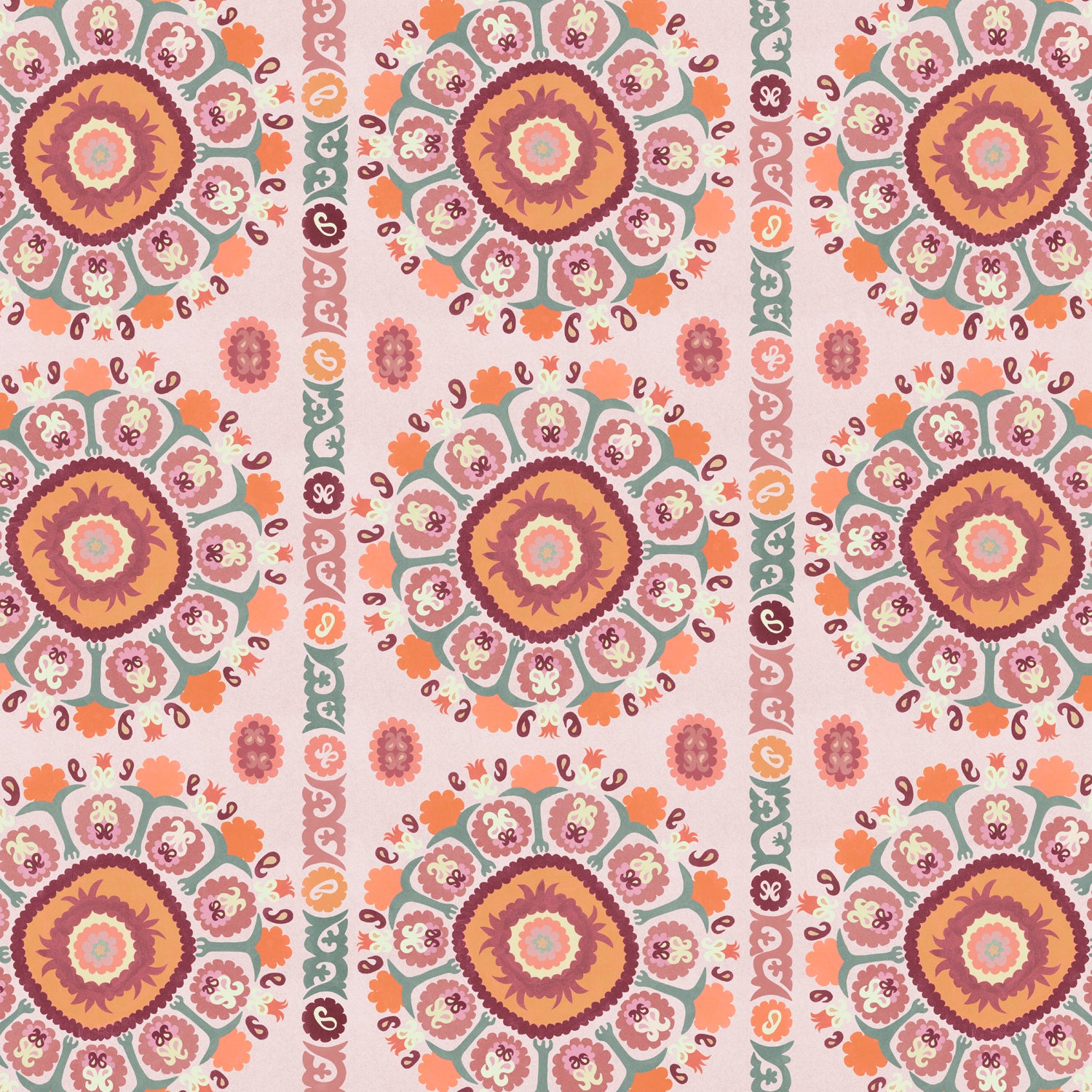 Detail of a hand-drawn Suzani motif in shades of pink, orange and slate blue on a pale pink ground.