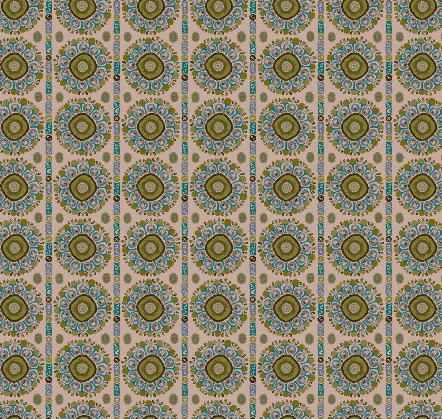 Full repeat image of a hand-drawn Suzani motif in shades of olive green, turquoise and brown on a blush pink ground.