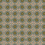 Full repeat image of a hand-drawn Suzani motif in shades of olive green, turquoise and brown on a blush pink ground.