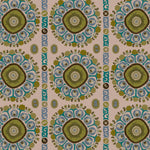 Detail of a hand-drawn Suzani motif in shades of olive green, turquoise and brown on a blush pink ground.