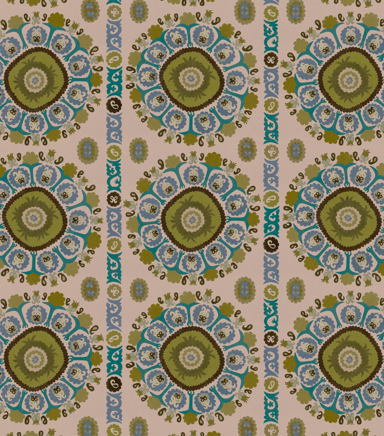 Detail of a hand-drawn Suzani motif in shades of olive green, turquoise and brown on a blush pink ground.