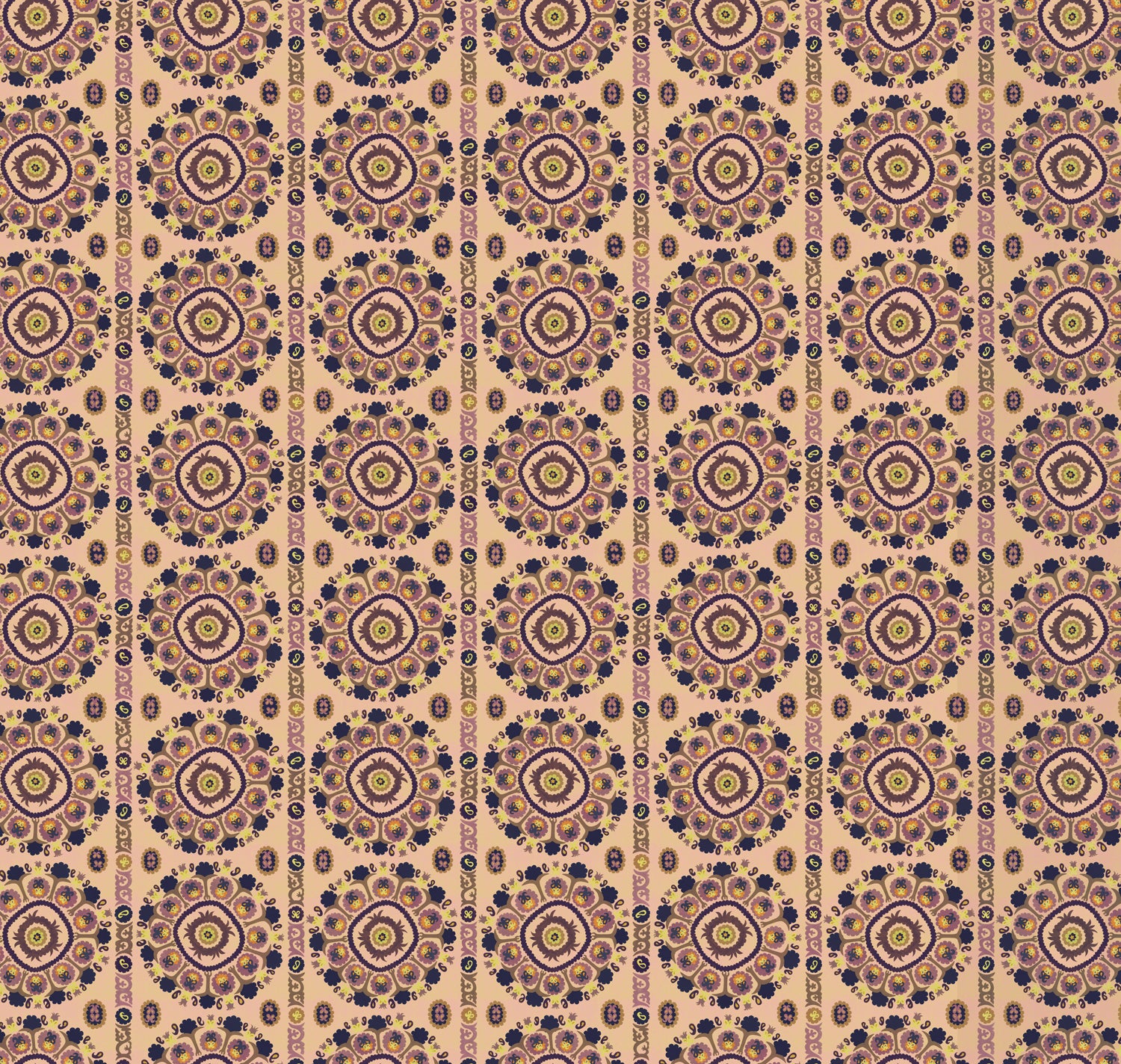 Full repeat image of a hand-drawn Suzani motif in shades of purple, brown and lime green on a buff pink ground.
