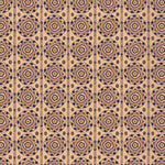 Full repeat image of a hand-drawn Suzani motif in shades of purple, brown and lime green on a buff pink ground.