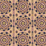Detail of a hand-drawn Suzani motif in shades of purple, brown and lime green on a buff pink ground.