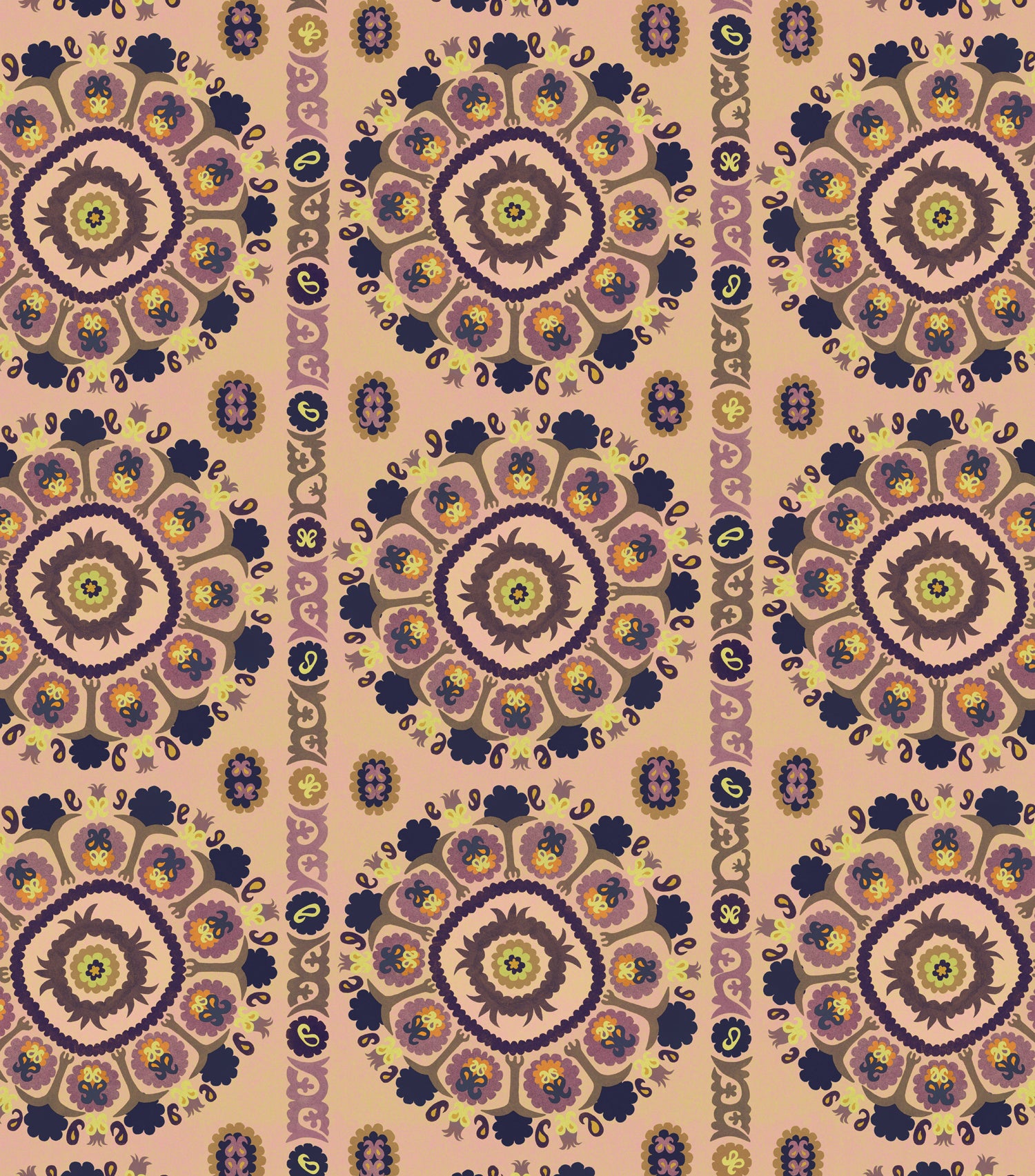 Detail of a hand-drawn Suzani motif in shades of purple, brown and lime green on a buff pink ground.