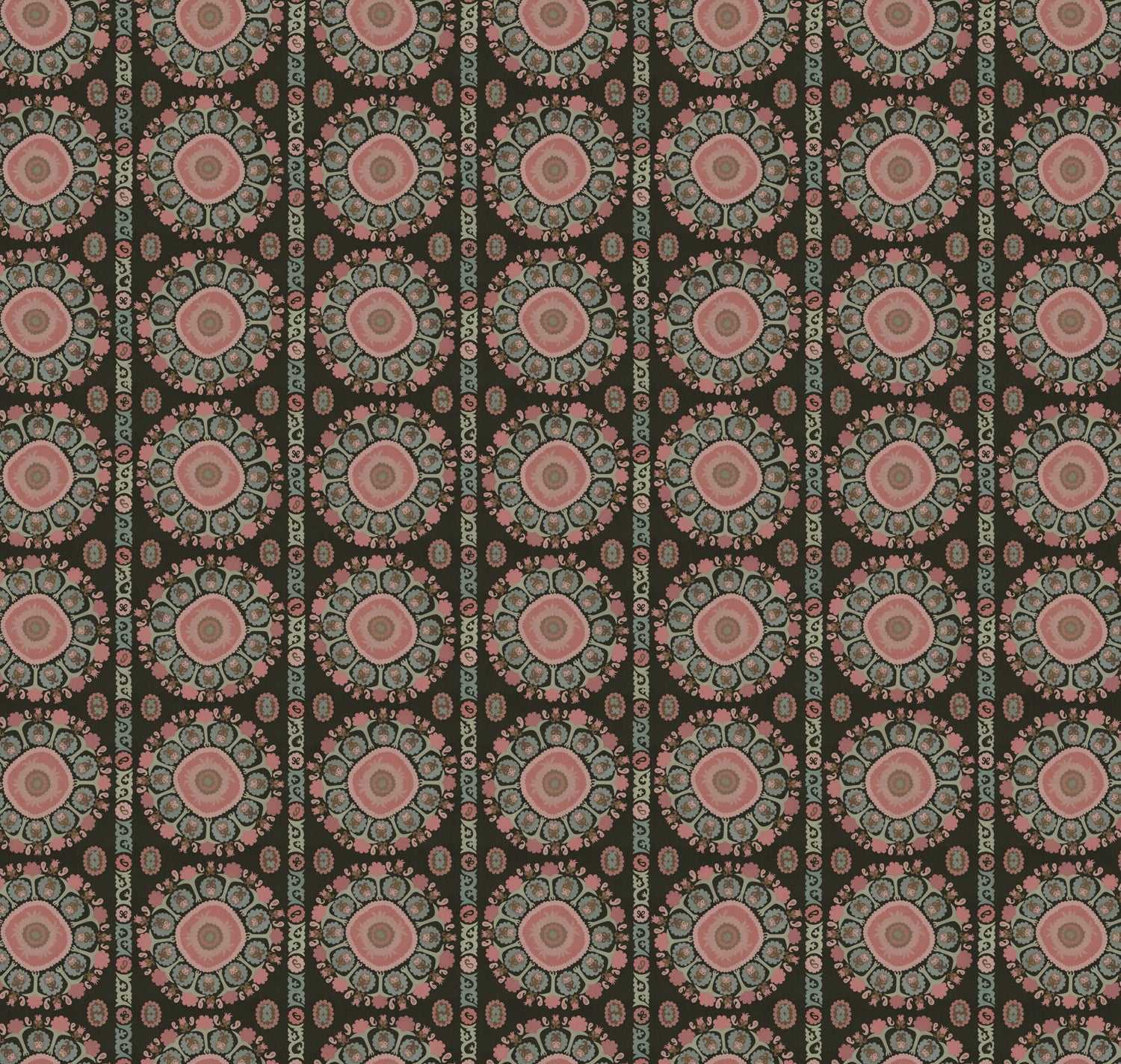 Full repeat image of a hand-drawn Suzani motif in shades of pink, turquoise and brown on a dull black ground.