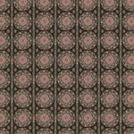 Full repeat image of a hand-drawn Suzani motif in shades of pink, turquoise and brown on a dull black ground.