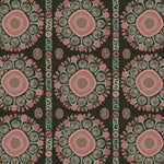 Detail of a hand-drawn Suzani motif in shades of pink, turquoise and brown on a dull black ground.