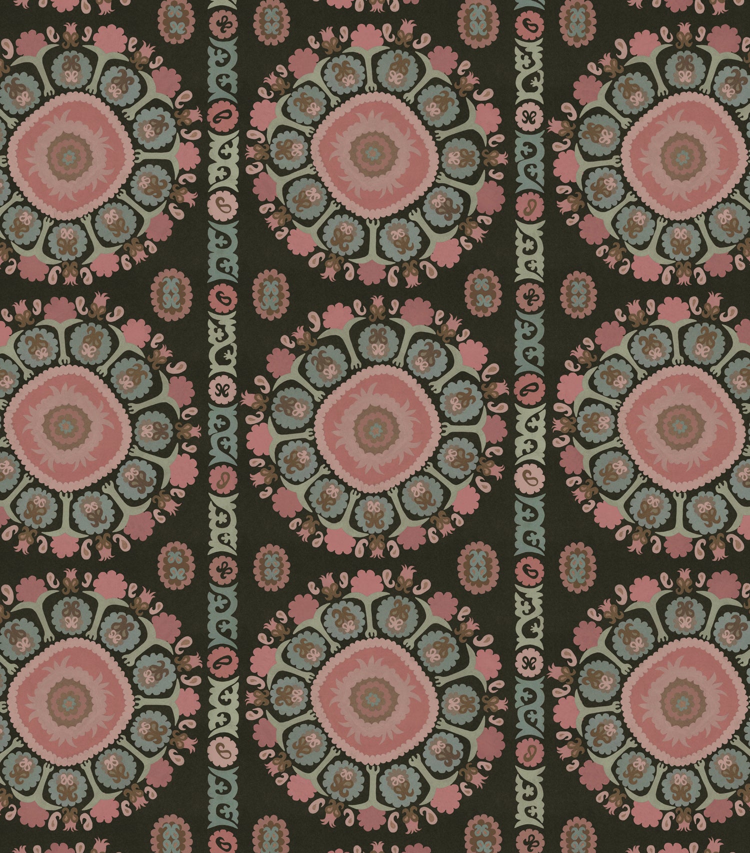 Detail of a hand-drawn Suzani motif in shades of pink, turquoise and brown on a dull black ground.