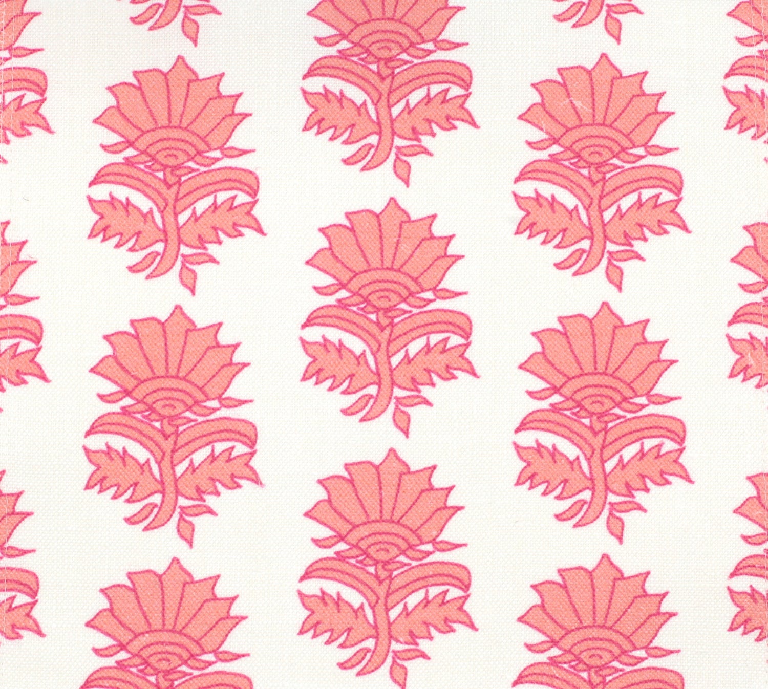 Detail of fabric in a repeating thistle print in pink and orange on a white field.