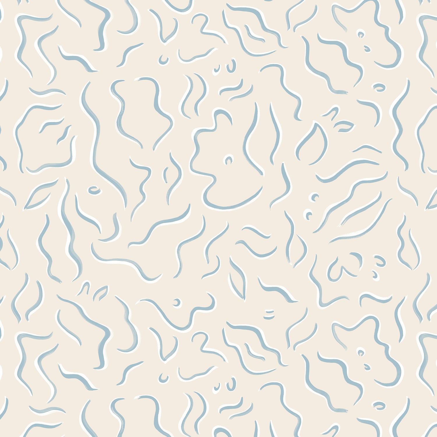 Detail of wallpaper in a painterly botanical print in light blue and white on a tan field.