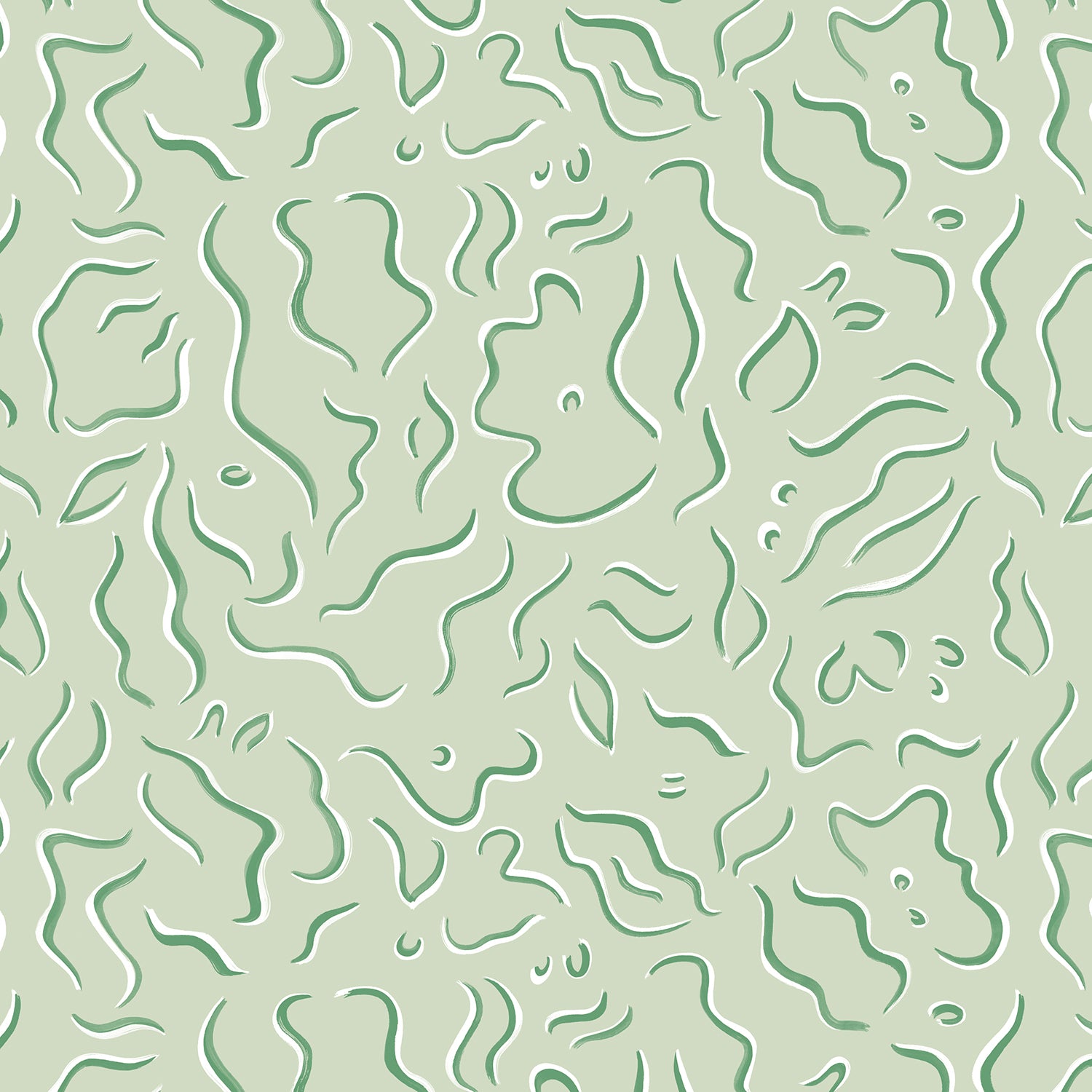 Detail of wallpaper in a painterly botanical print in green and white on a light green field.