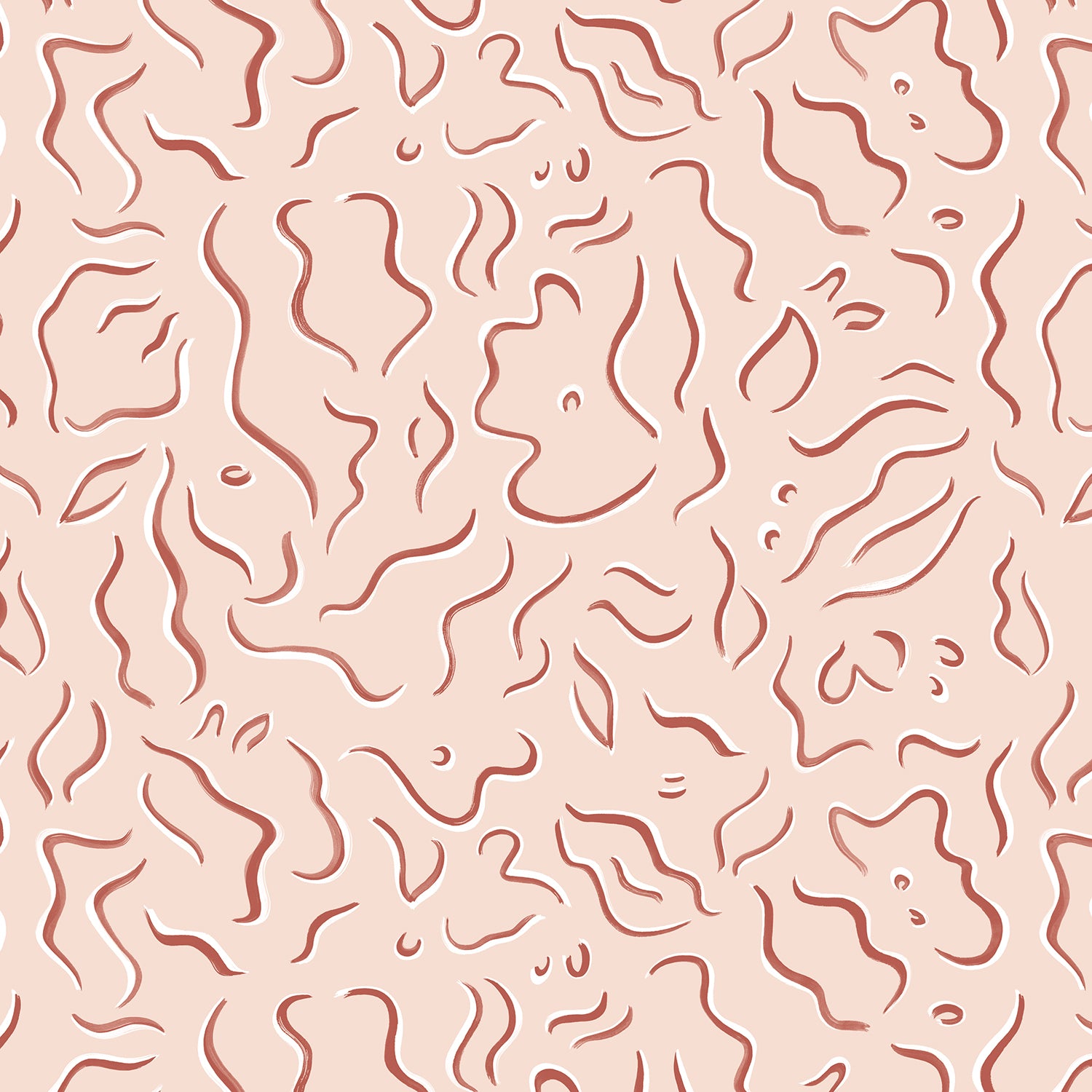 Detail of wallpaper in a painterly botanical print in rust and white on a light pink field.