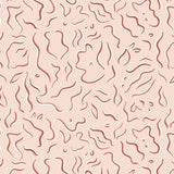 Detail of wallpaper in a painterly botanical print in rust and white on a light pink field.
