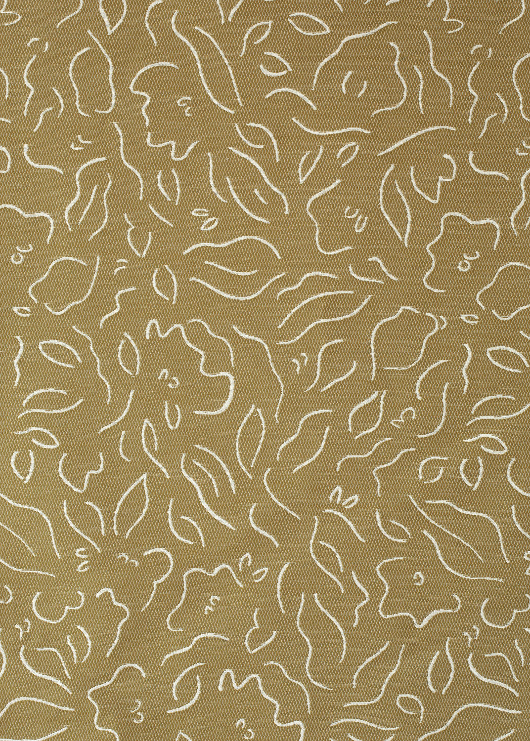 Detail of fabric in a minimalist floral print in cream on a brown field.