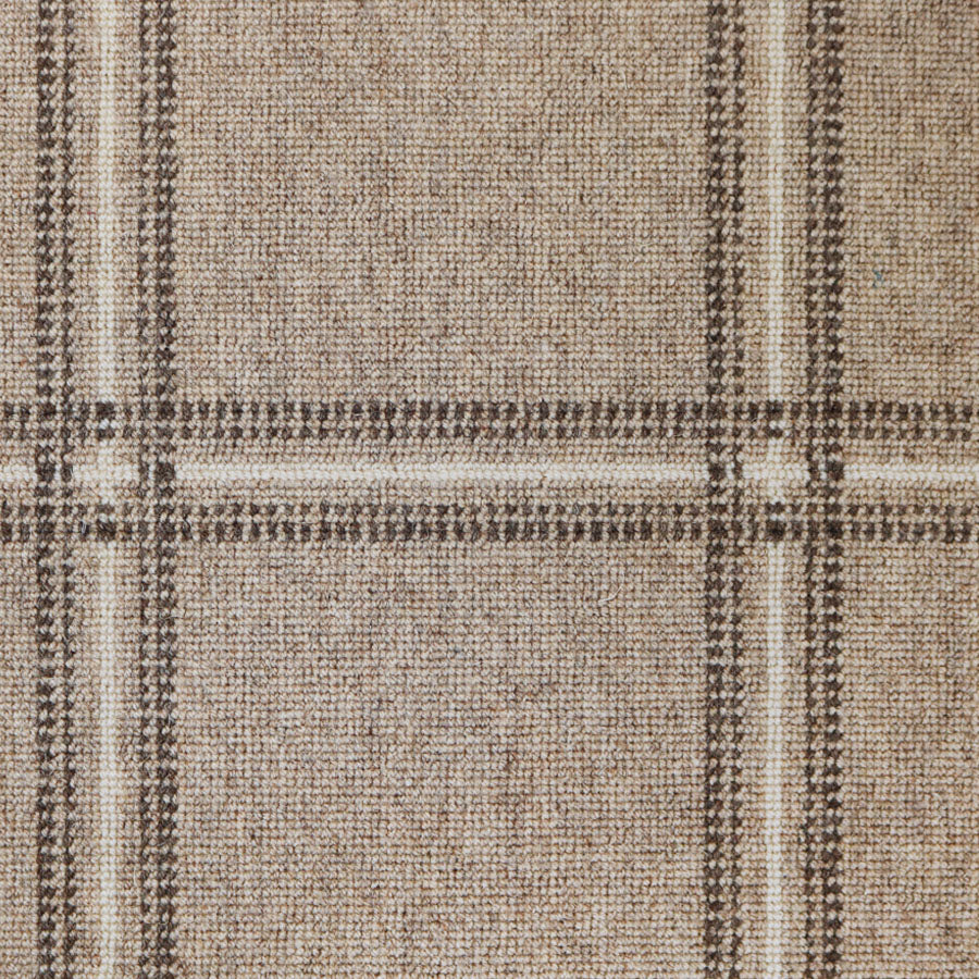 Broadloom carpet with window pane check in white and brown on oatmeal