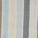Detail of fabric in a global stripe print in shades of blue, tan, gray and brown.
