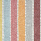 Detail of fabric in a global stripe print in shades of orange, yellow, pink and blue.