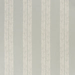 printed linen fabric in a scrolling floral stripe pattern in cream on a light blue-gray field.