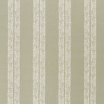 printed linen fabric in a scrolling floral stripe pattern in cream on a light sage field.