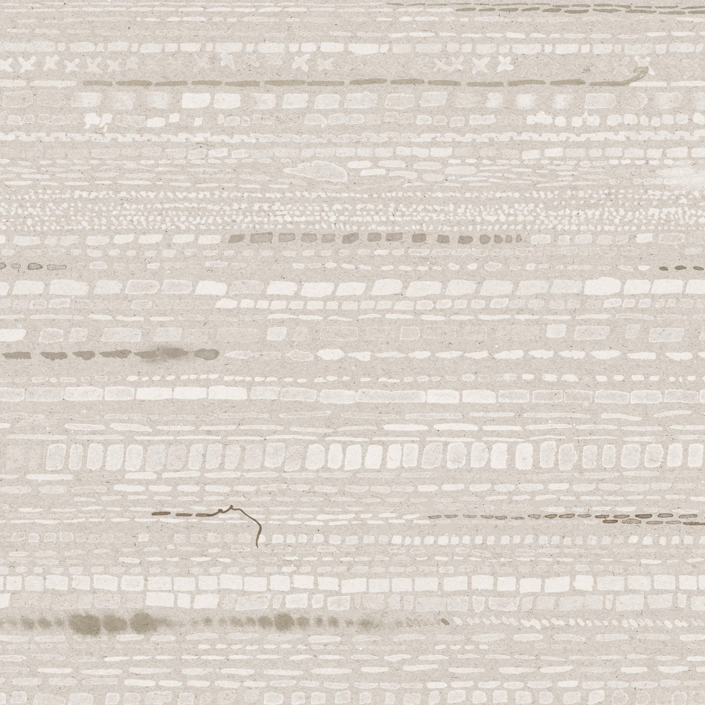Close up detail of wallpaper in a textural striped pattern in shades of beige and grey.