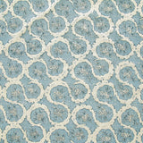 Detail of fabric in a meandering floral grid print in cream and navy on a light blue field.