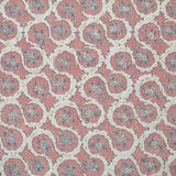 Detail of fabric in a meandering floral grid print in cream and navy on a light pink field.