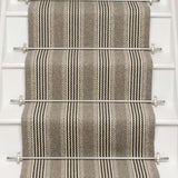 Striped flatweave runner in grey and black on white staircase