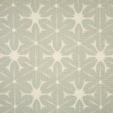 Detail of fabric in a shibori grid print in white on a gray field.