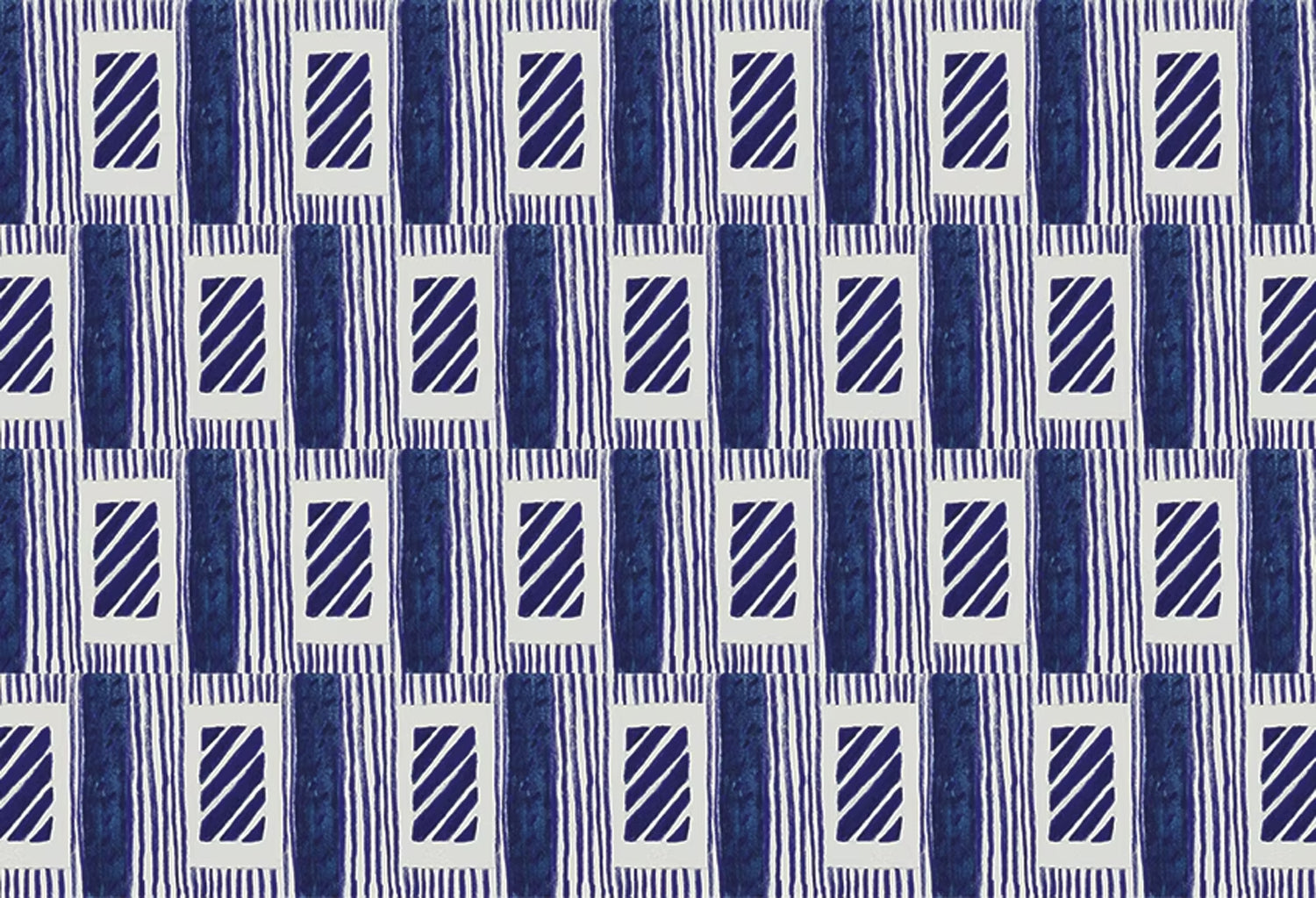 A close-up of a repeating geometric wallpaper featuring navy blue textured vertical bars, diagonal striped rectangles, and thin horizontal lines on a white background.
