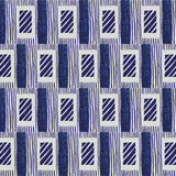 A close-up of a repeating geometric wallpaper featuring navy blue textured vertical bars, diagonal striped rectangles, and thin horizontal lines on a white background.

