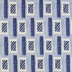A close-up of a repeating geometric pattern featuring navy blue textured vertical bars, diagonal striped rectangles, and thin horizontal lines on a white background.