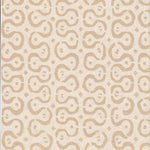 Detail of wallpaper in a curvilinear stripe pattern in tan on a cream field.