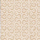 Detail of wallpaper in a curvilinear stripe pattern in tan on a cream field.