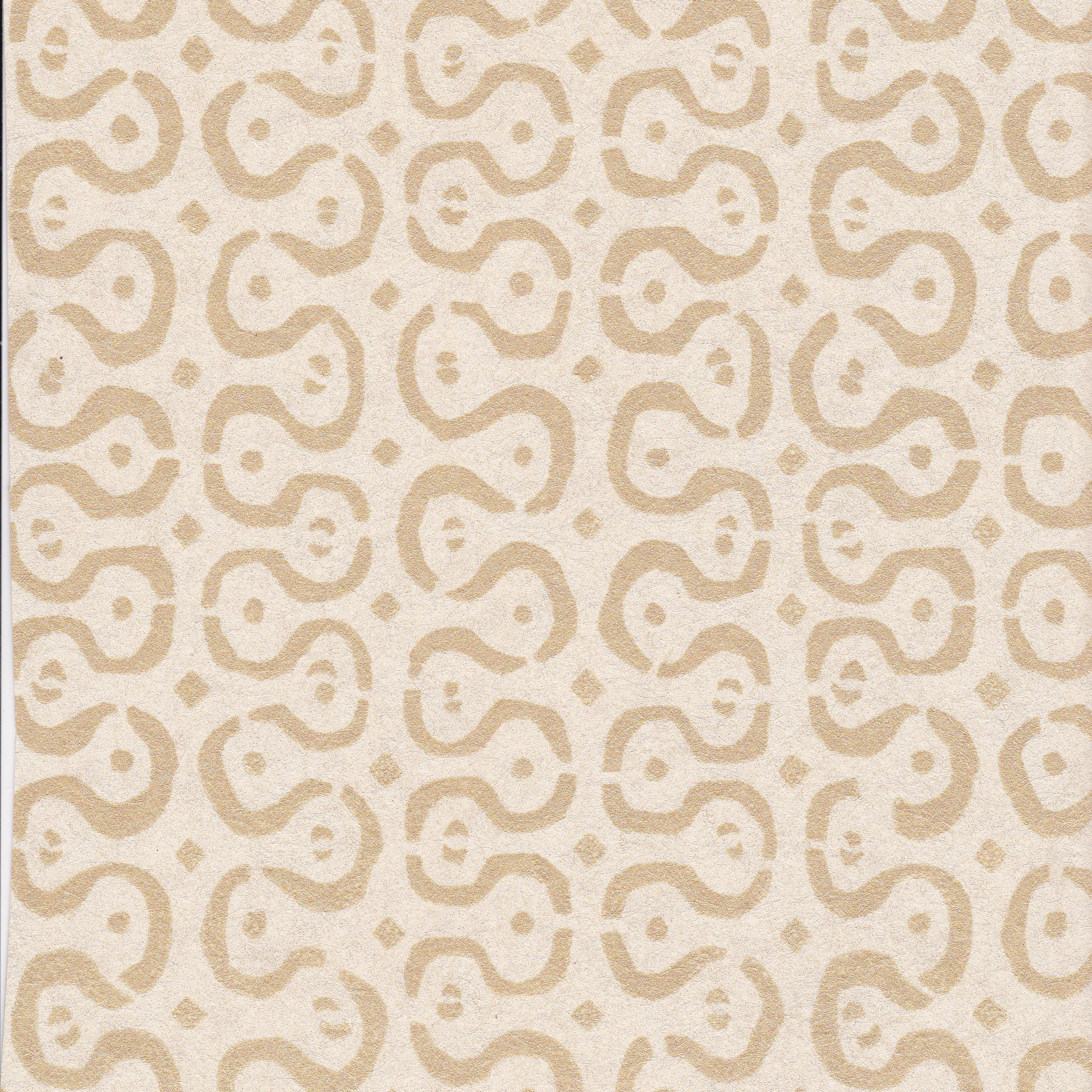 Detail of wallpaper in a curvilinear stripe pattern in tan on a cream field.