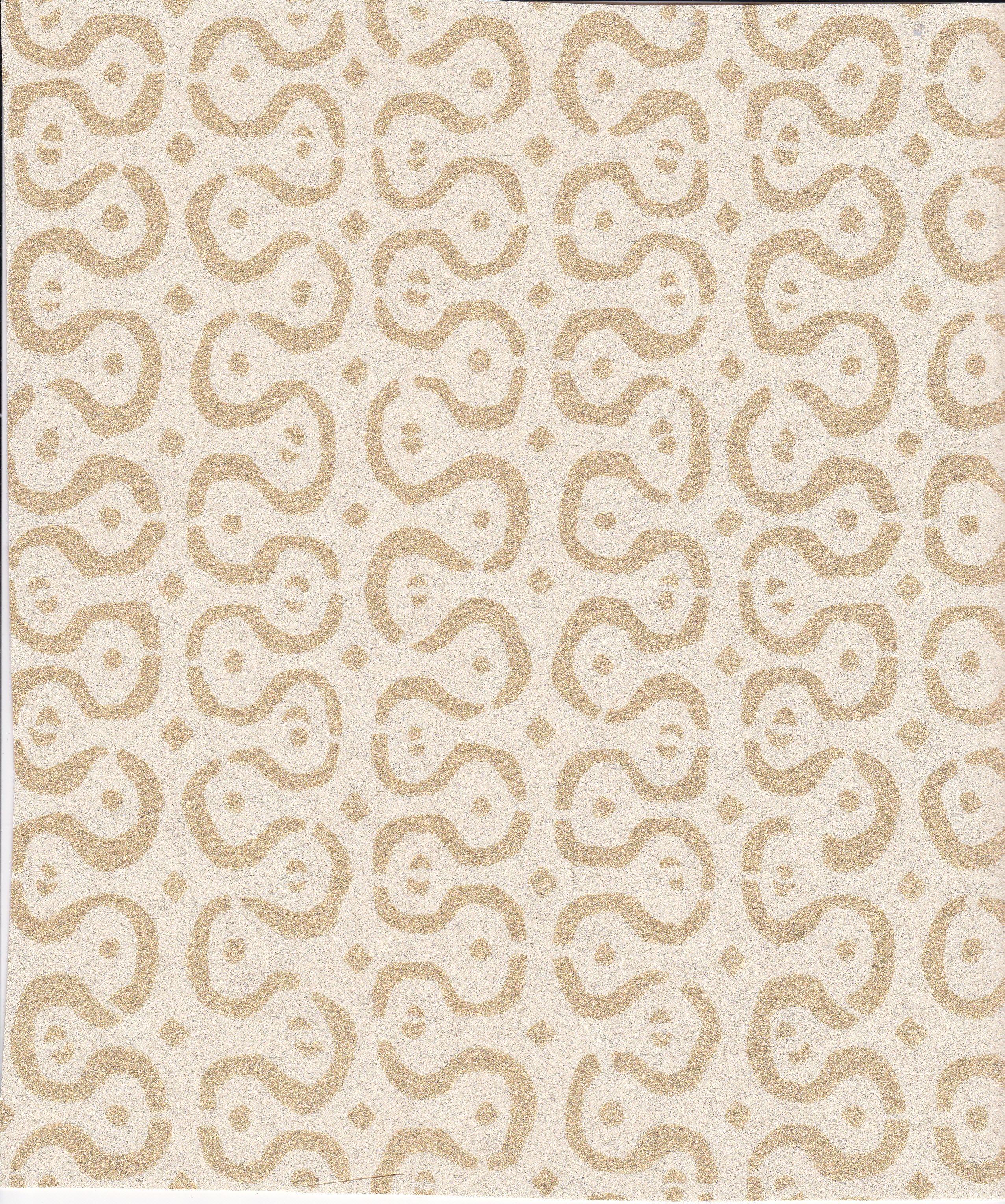 Detail of wallpaper in a curvilinear stripe pattern in tan on a cream field.