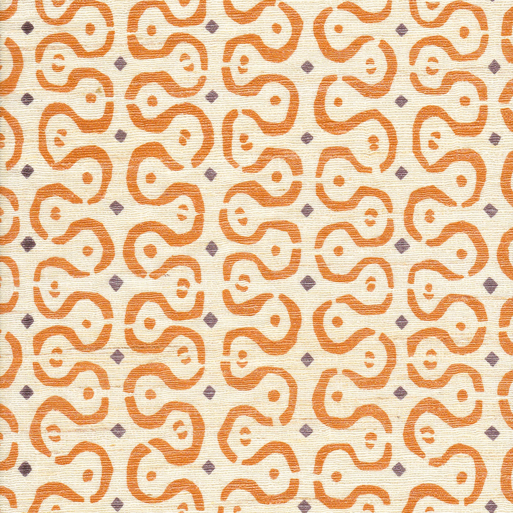 Detail of fabric in a curvilinear stripe pattern in orange and purple on a cream field.