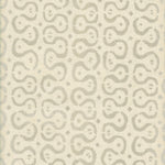 Detail of wallpaper in a curvilinear stripe pattern in gray on a cream field.
