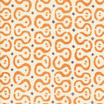 Detail of wallpaper in a curvilinear stripe pattern in orange and purple on a cream field.
