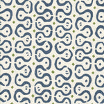 Detail of fabric in a curvilinear stripe pattern in navy and green on a cream field.