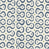 Detail of fabric in a curvilinear stripe pattern in navy and green on a cream field.