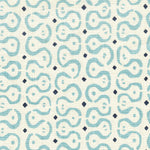 Detail of fabric in a curvilinear stripe pattern in blue and navy on a cream field.