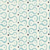 Detail of fabric in a curvilinear stripe pattern in blue and navy on a cream field.