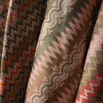 Close-up of patterned fabric with intricate designs in various colors.
