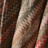 Close-up of patterned fabric with intricate designs in various colors.